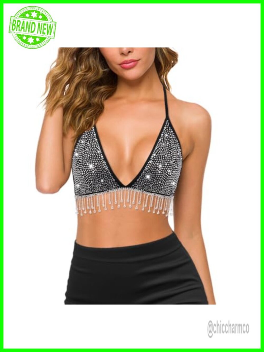 Rhinestone Fringe Crop Top Halter Bralette Slim Tank Top